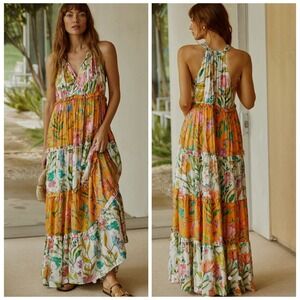 PQ Swim Womens Tiered Maxi Dress‎ Size XS/S Floral Metallic Resort Island